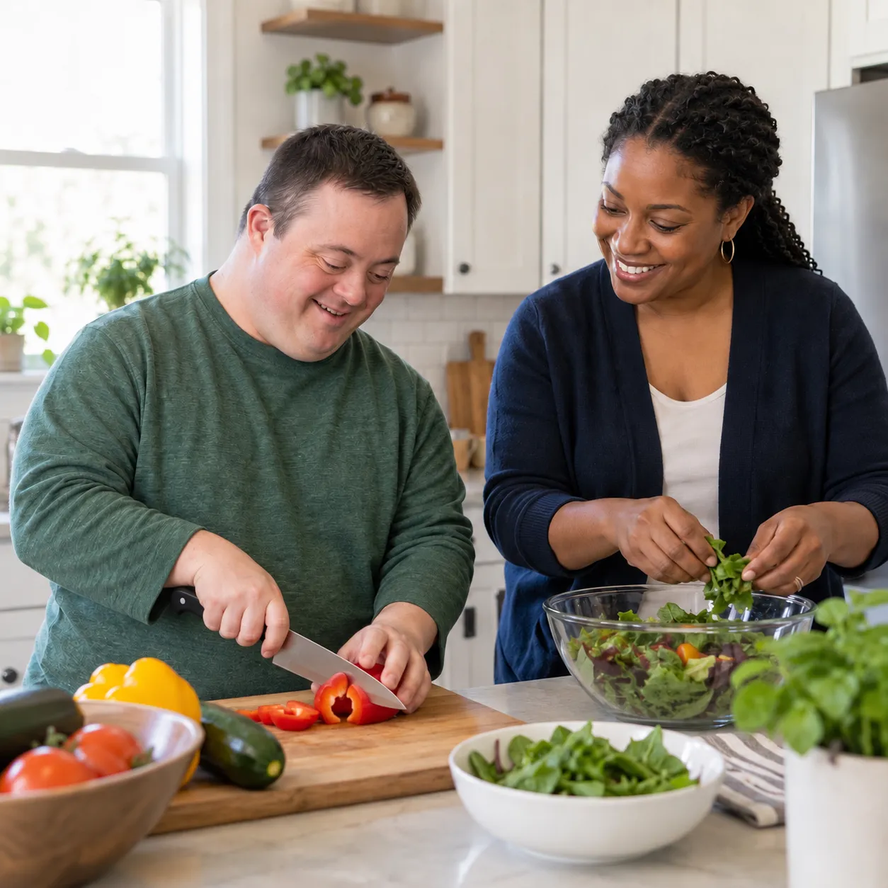 A man slicing peppers at a kitchen counter while a support professional mixes a salad beside him.